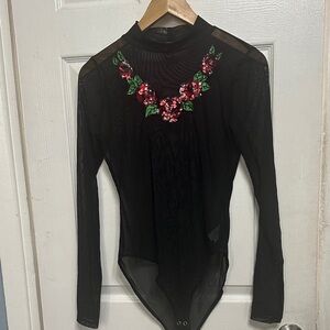 Forever 21 Black Sheer Bodysuit with Red Floral Embroidery